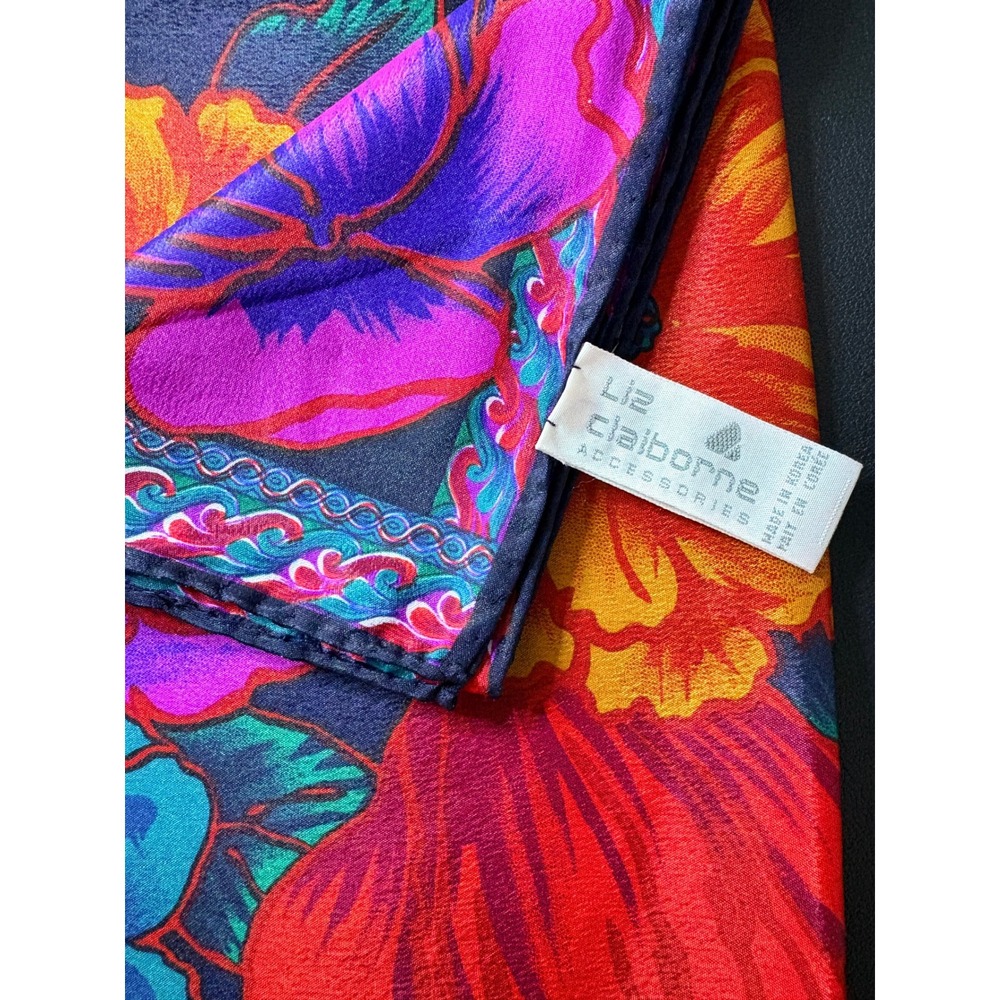Liz Claiborne Vintage Floral Scarf Navy Blue Red Purple Rectangular 52x10 - Picture 3 of 5